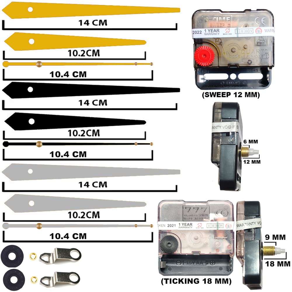 YONOTA® A Product of SONAM Quartz Combo 2 of Sweep & Ticking Silent Movement Machine for Wall Clock Hand (Needle -Black,Bule,Gold ) (Made in India 100%) (Pack 01) 3