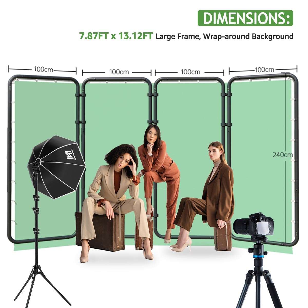 Backdrop Stand 13.12x7.87ft(WxH), NiceVeedi Photo Studio Backdrop Support System with Chromakey Green Screen Backdrop for Photo Studio Video Shooting, Live Streaming, Parties, Keying, Stage 4