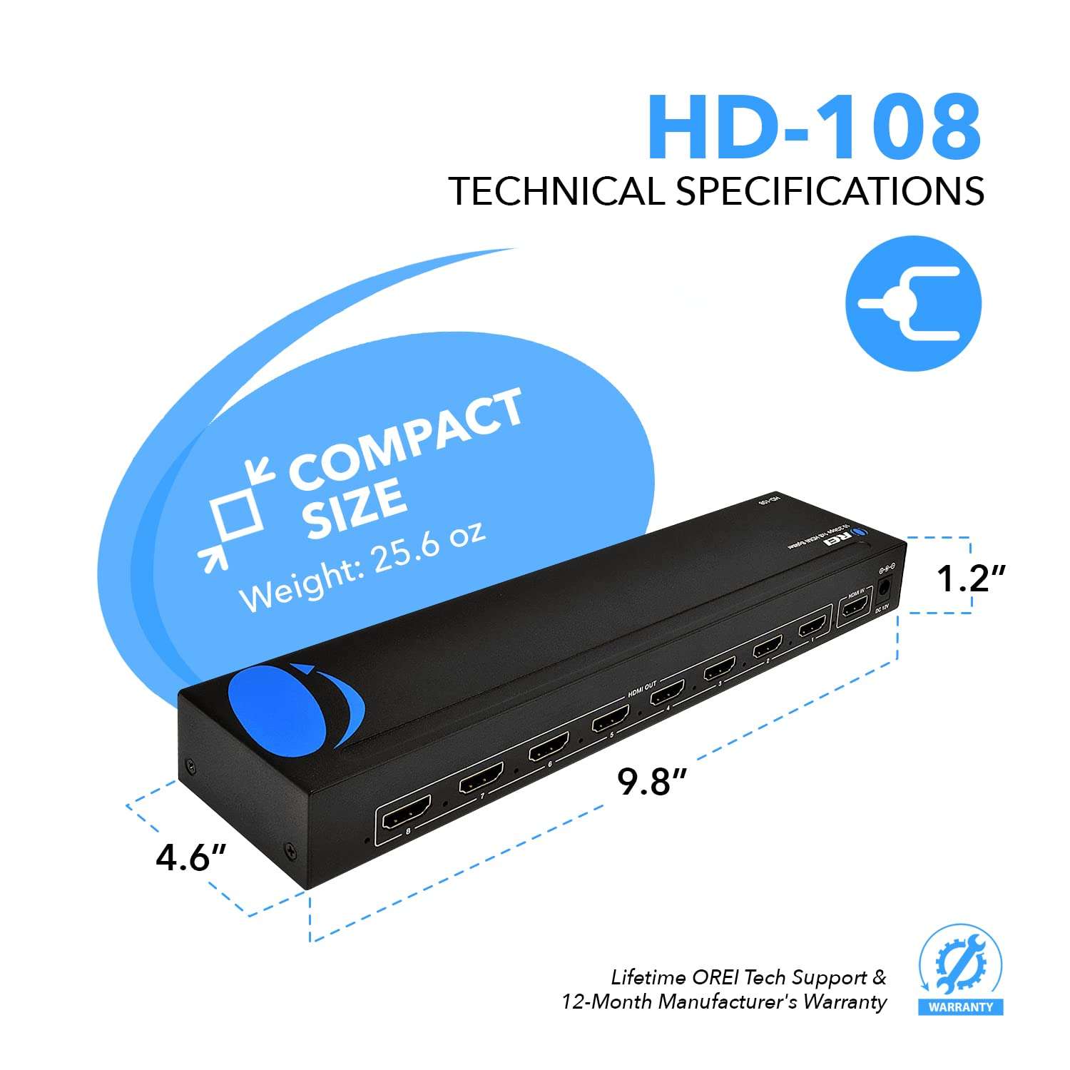 OREI 1080p 1x8 HDMI Splitter, - 1 Port to 8 HDMI Display Duplicate/Mirror - Powered Splitter Ver 1.3 Certified for Full HD 1080P High-Resolution 3D Support (One Input To Eight Outputs) 2