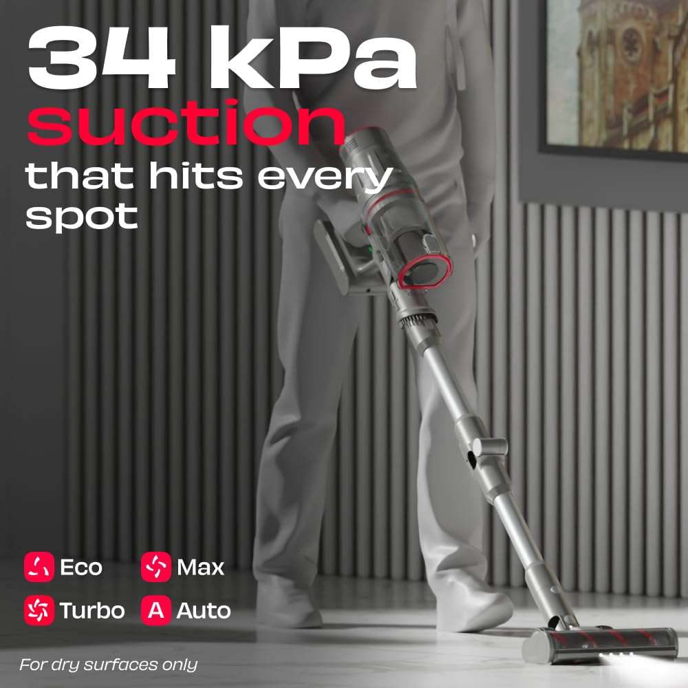 NUUK REN PRO Stick Cordless Vacuum Cleaner | 2X More Suction, 34kPa | Adaptive Suction Tech, Upto 60min Runtime | 180˚ Bending Flexistick™ | 8 Attachments for Home Use | Multi-Cyclone HEPA Filtration 4