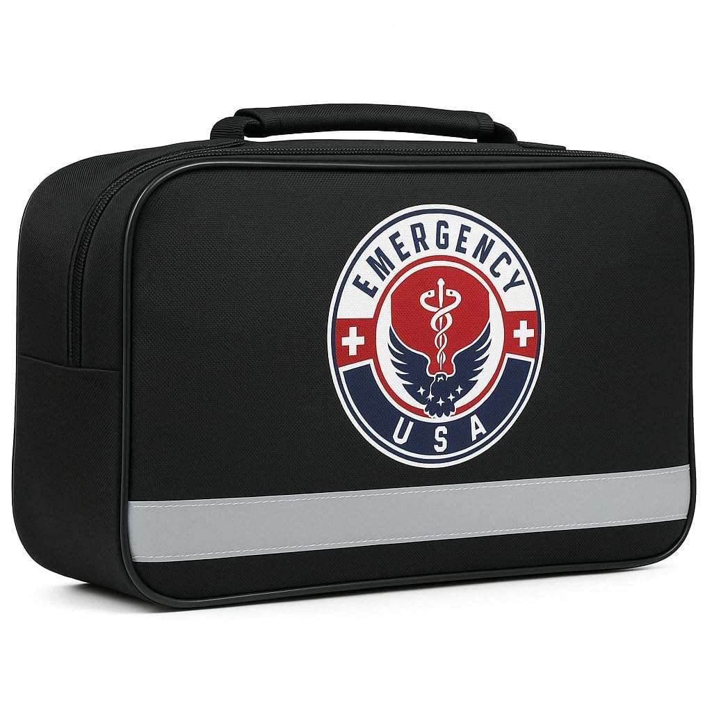 Roadside Car Emergency Kit - First Aid Set, Jumper Cables, Tow Strap, LED Flash Light, Rain Coat, Tire Pressure Gauge, Safety Vest and More (Black) 2