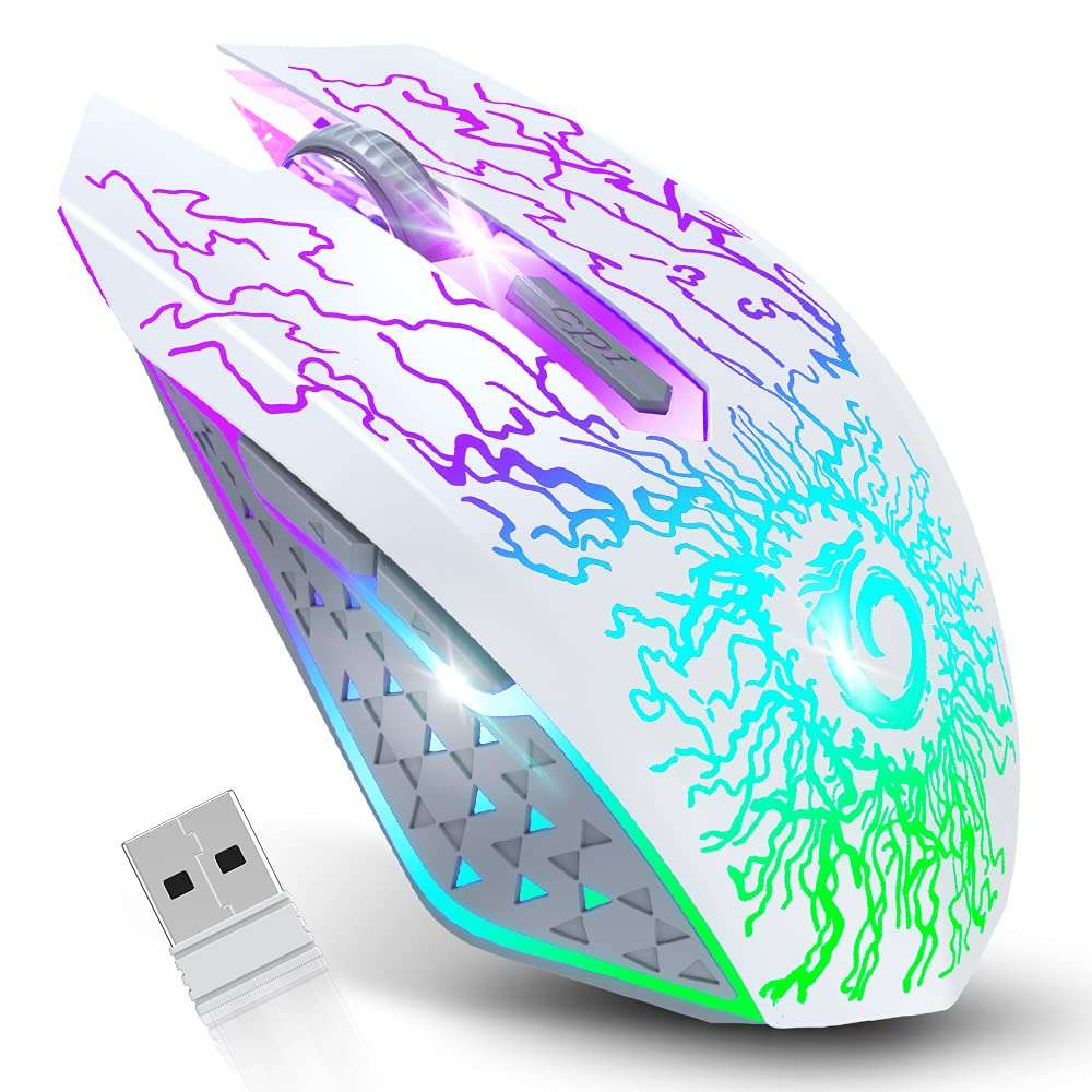VersionTECH. Wireless Gaming Mouse, Rechargeable Computer Mouse Mice with Colorful LED Lights, Silent Click, 2.4G USB Nano Receiver, 3 Level DPI for PC Gamer Laptop Desktop Chromebook Mac-White 1