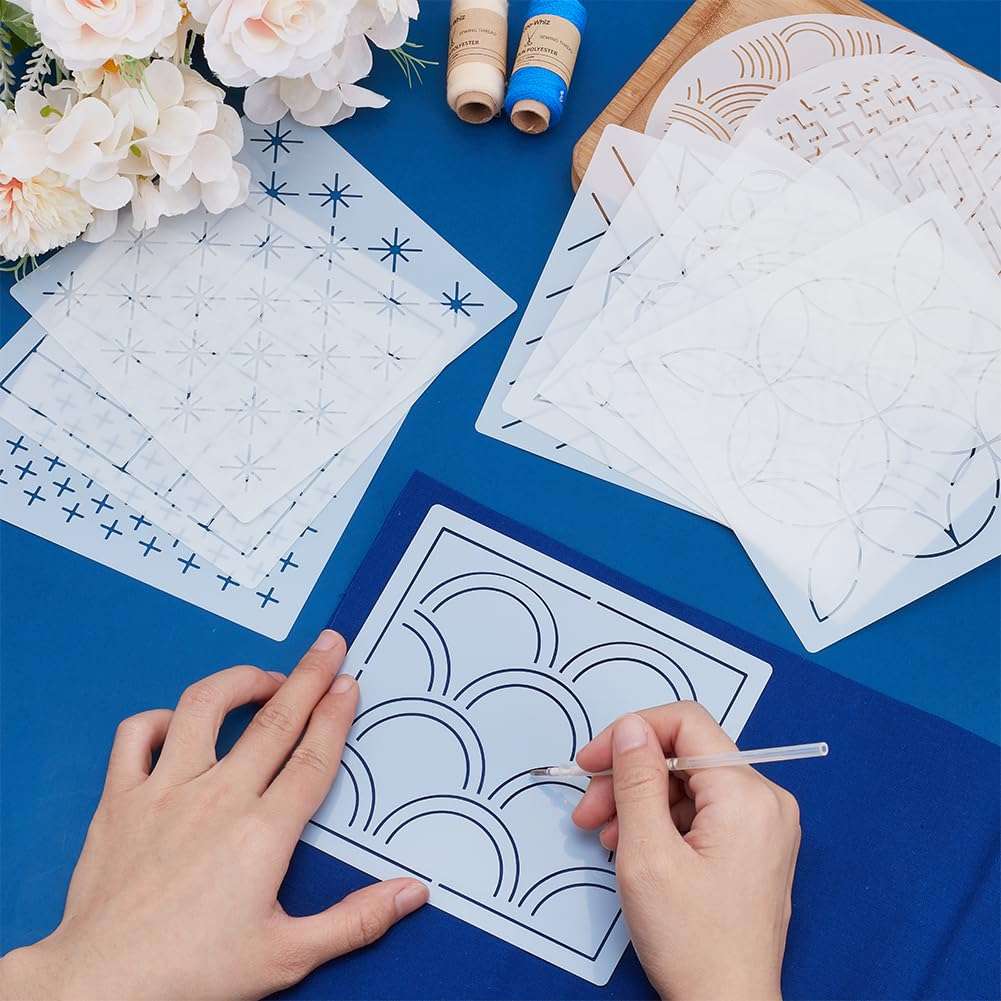 INFUNLY 12PCS Sashiko PET Template 5.9"×5.9" Geometric Sashiko Pattern Template Drawing Line Sashiko Template for Dresses Bags Wave Embroidery Stencils Square Sashiko Stencil for Hand Sewing Lovers 5