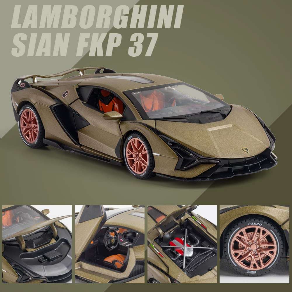 1/24 Diecast Car Toys for Kids, Zinc Alloy Lambo Sian FKP 37 Model Toy Car with Light and Sound, Pull Back Vehicles Toy Car for Toddlers Boys Girls Birthday Gift (Green) 3