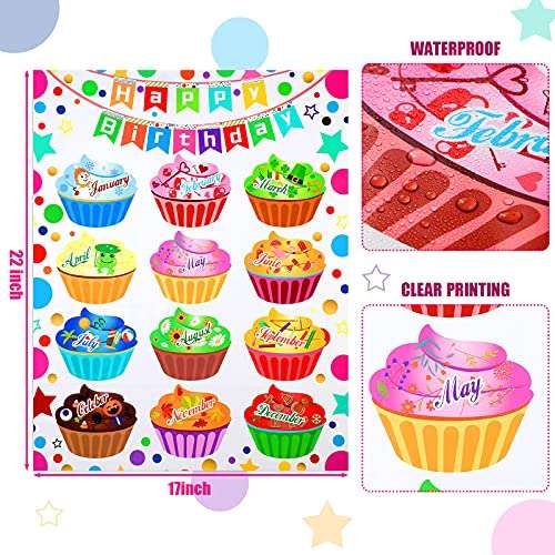 Happy Birthday Chart for Classroom Birthday Poster Decoration DIY Name Cupcakes Classroom Poster Chart Birthday Bulletin Board Chart Class Birthday Decoration Colorful for Students School Party Kids 2