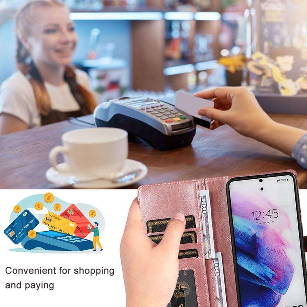 Harsel Samsung S21 Flip Case for Men/Women,Detachable Magnetic Phone Case Folio Cover with Purse Stand Card Holder Money Pouch Strap Pu Leather Cover Wallet Case for Galaxy S21,Pink 2