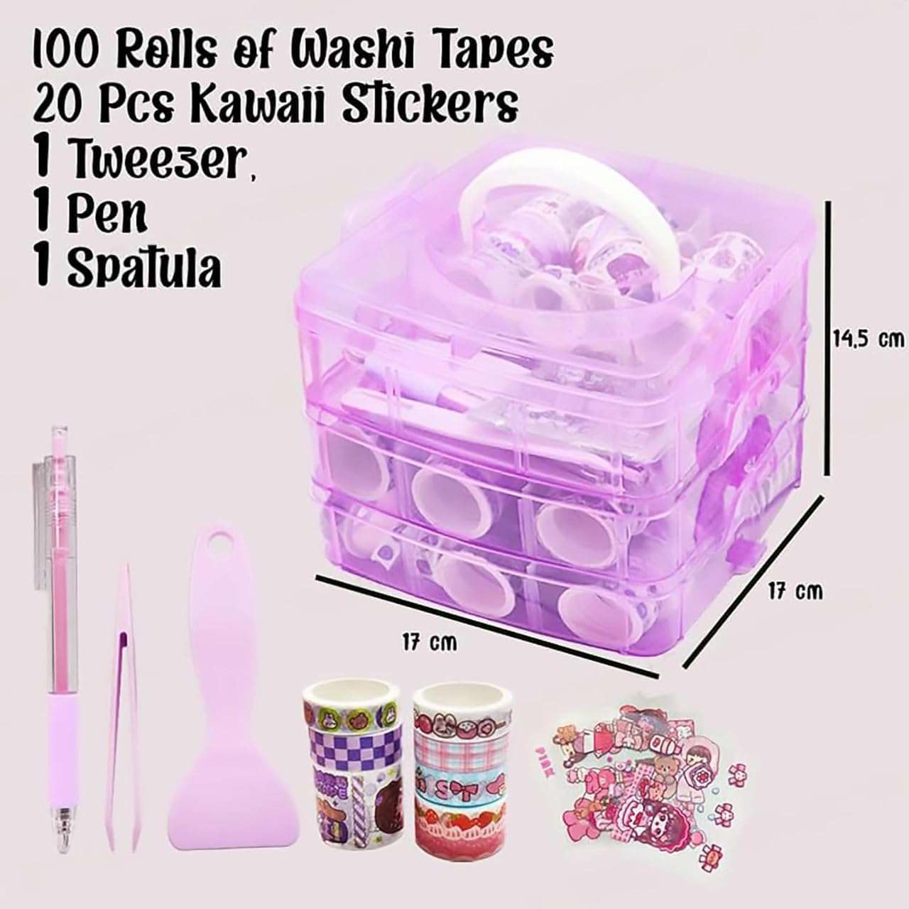 Washi Tape Set (100 Pcs) with 20 Kawaii Stickers, Tweezers, Pen & Spatula | Decorative Masking Tapes in 3-Layer Storage Box for DIY Crafts, Journaling, Scrapbooking & Bullet Planner (purple) 3