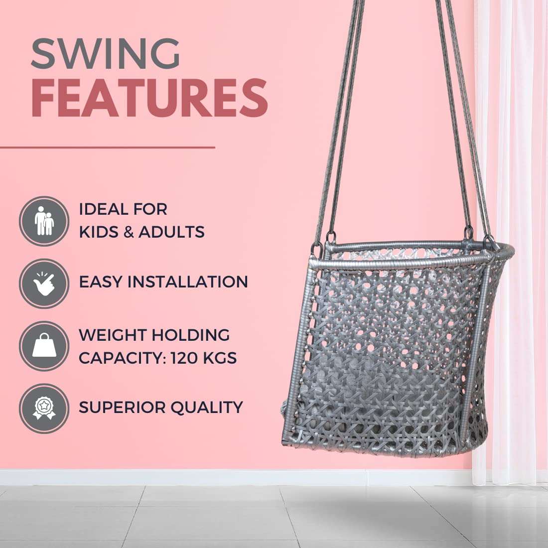 Swingzy Premium C Shape 6 Star Swing Chair for Adults for Home/Swing for Adults/Swing with a Comfortable Cushion/Hanging Jhula for Adults/Hanging Accessories Included (57 x 73 x 200 Cm, Grey) 6