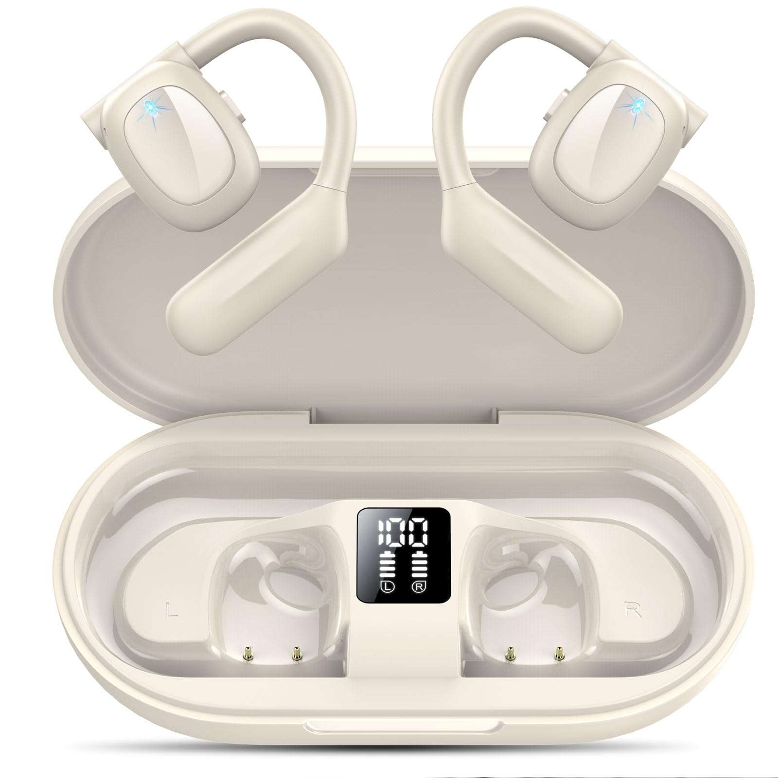 Hendari Open Ear Bluetooth 5.3 Headphones, Wireless Earbuds Sport Over Earphones Built-in Mic with Earhooks 75H Playtime Ear Buds LED Display Charging Case, IPX5 Waterproof for Running Fitness, White 1