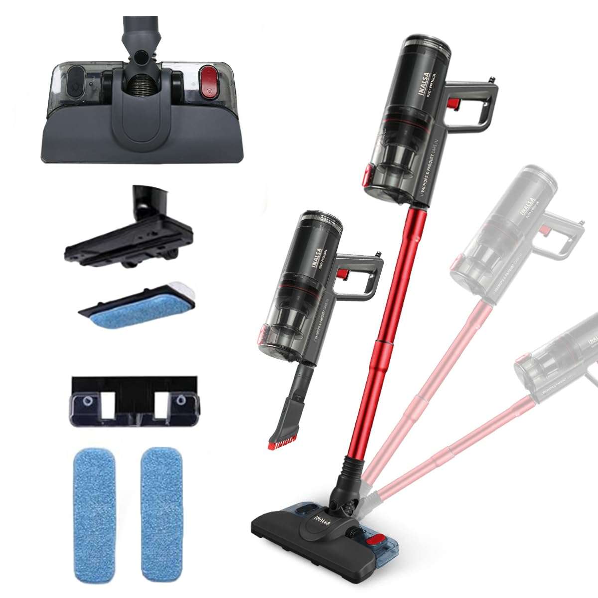 Inalsa Vacuum Cleaner with Mop for Floor Cleaning|900 W Motor with Strong 18 KPA Suction|Electric Mop for Floor Cleaning|5 Level Efficient Filtration|Handheld Vacuum Cleaner for Home(Ozoy Premium),Red 1