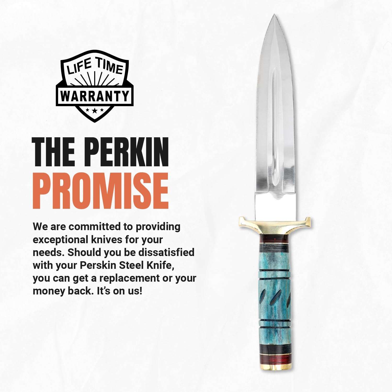 Perkin Hunting Knife - 13” Double Edge Knife - Handmade Knife with Leather Sheath - 440C Razor Sharp Steel Spear Point Blade with Colored Bone Handle for Camping, Tactical, and Survival 6