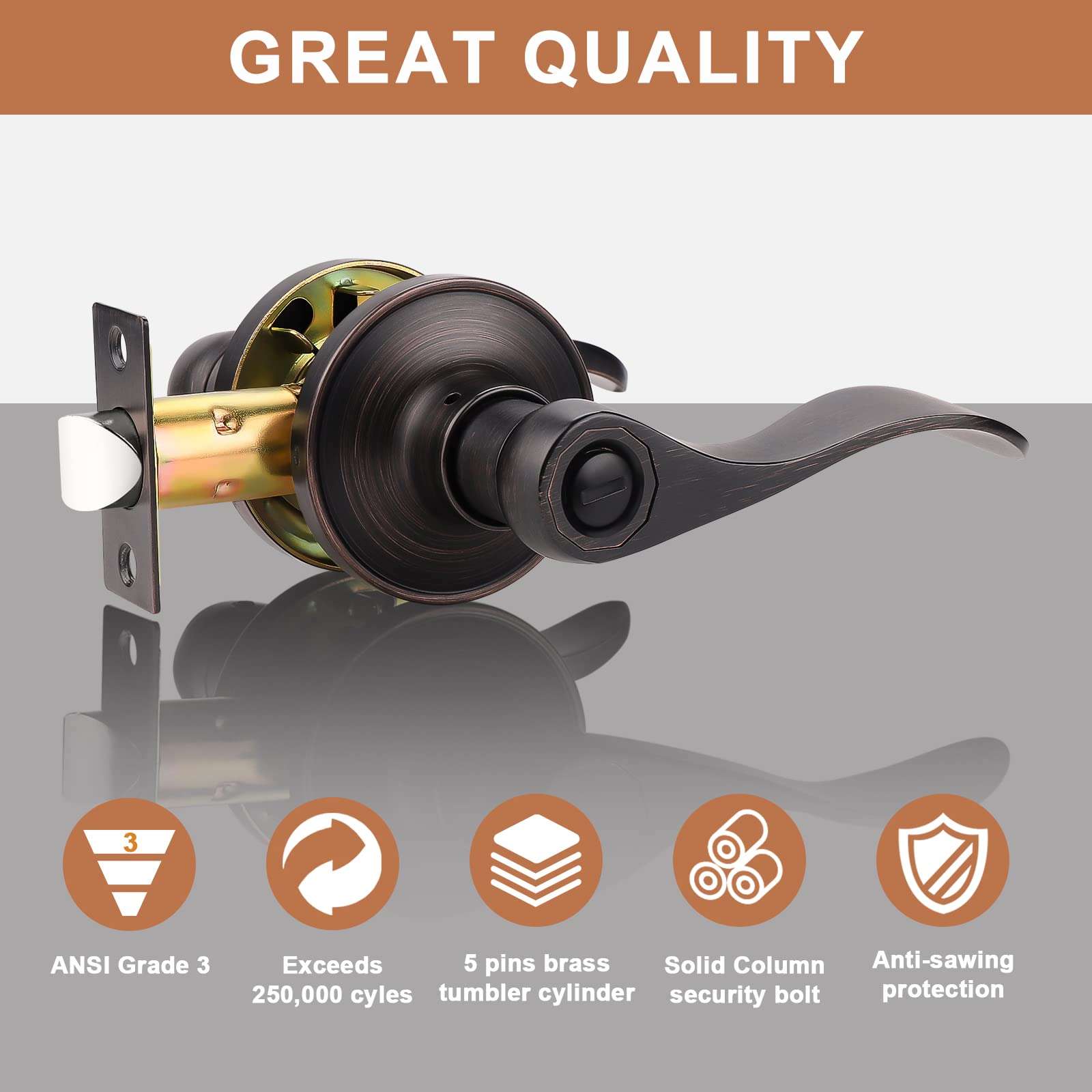 Probrico (5 Pack Privacy Door Lever[Thumb Turn Lock on The Inside],Locking Door Handle Set for Bedroom & Bathroom Doors,Keyless Oil Rubbed Bronze Wave Door Lock, Reversible Right & Left Side Handed 2