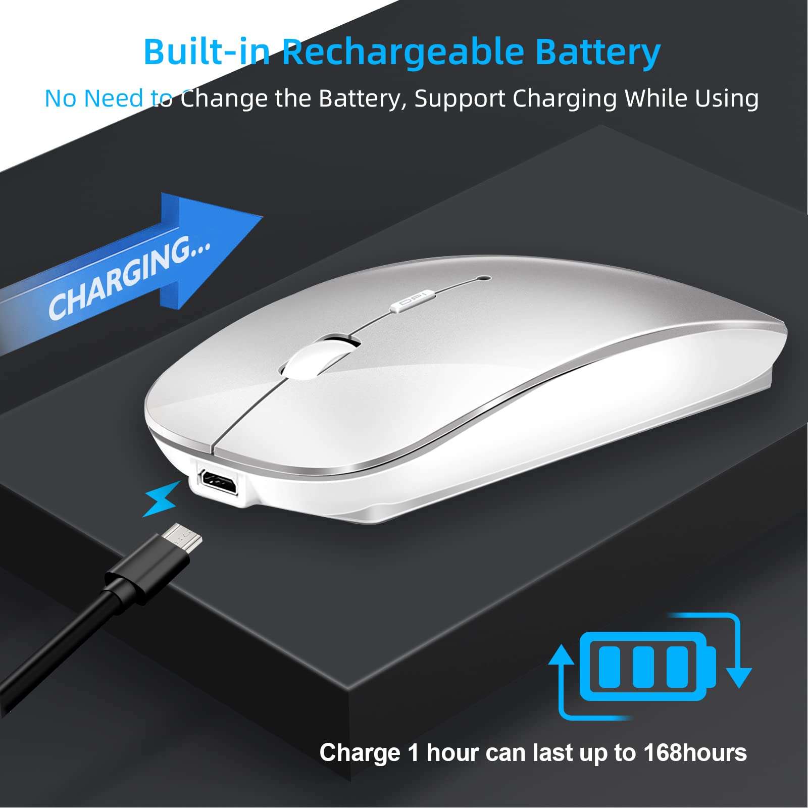 Vxeei LED Wireless Bluetooth Mouse,Rechargeable Bluetooth Mouse (Bluetooth 5.1 + USB) 2.4GHz Portable Optical Office Mouse，Bluetooth Mouse for MacBook Air,MacBook pro,Mac,Pc,Computer,Laptop,Desktop 6