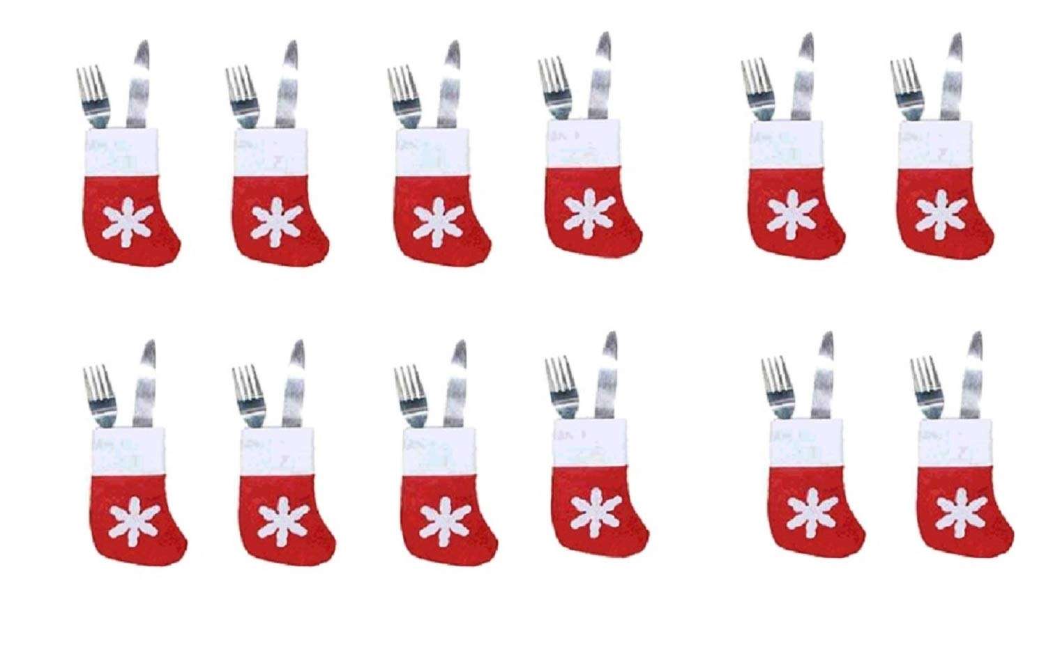 DMtse 12 Pcs Christmas Sock Cutlery Decorations Snowflake Tableware Holders Candy Pouch Bag Xmas Party for Home Restaurant Dining Room 1
