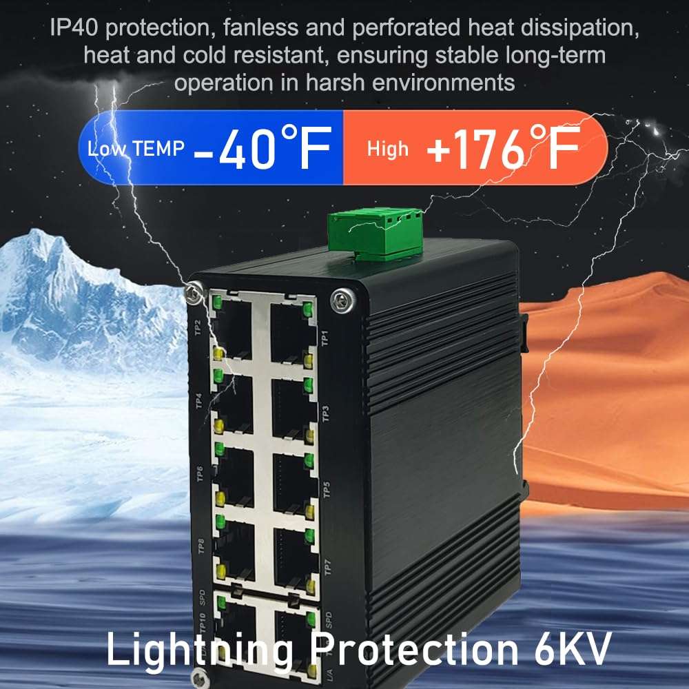 10-Port Gigabit Ethernet Switch - Industrial-Grade Unmanaged Network Hub with Din-Rail or Wall Mount, Full Duplex Desktop,Fast Connection,Plug and Play, Rugged Metal Case, Wide Temperature Range 5