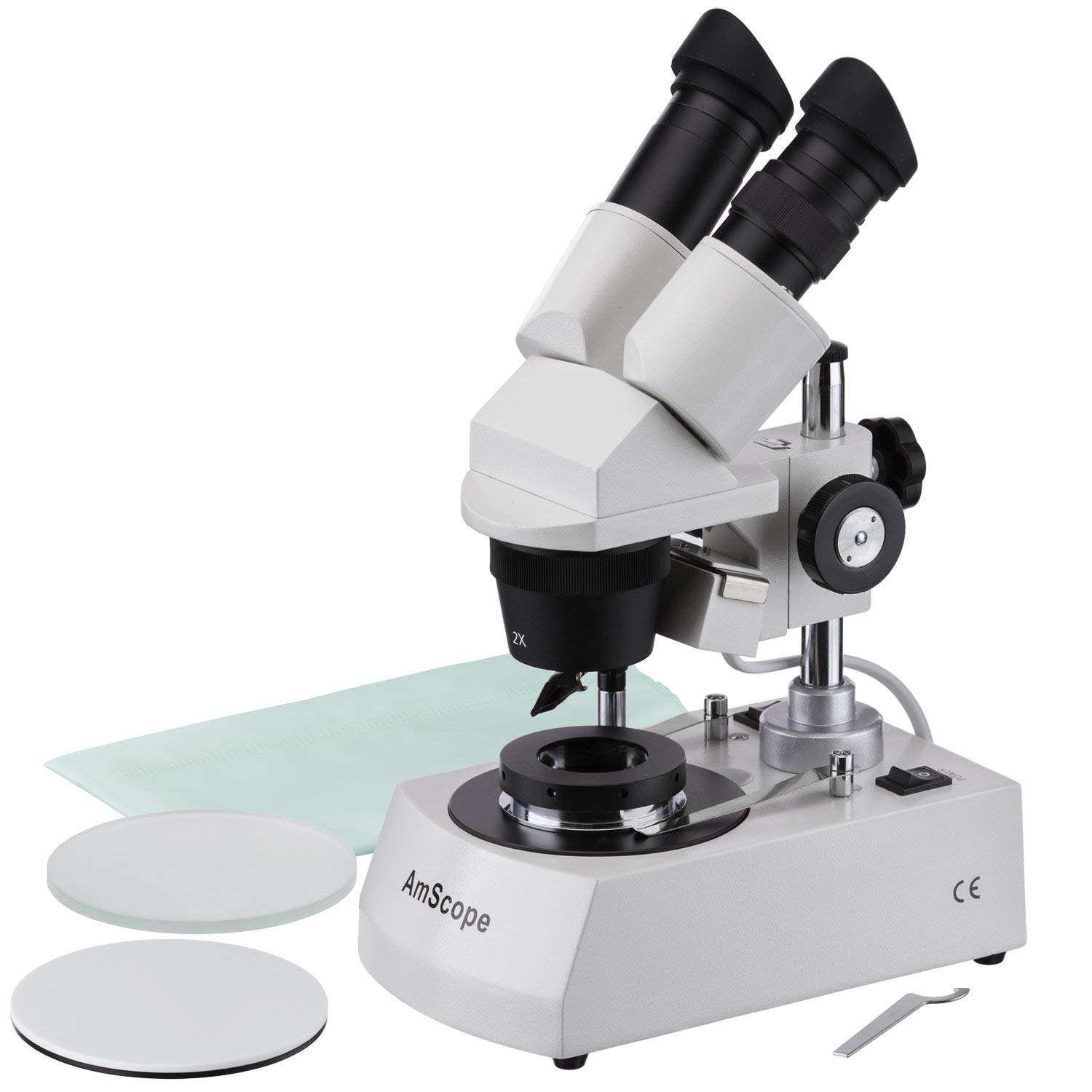 AmScope SE306-P-DK Binocular Stereo Microscope, WF10x Eyepieces, 20X and 40X Magnification, 2X and 4X Objectives, Upper and Lower Halogen Lighting, Reversible Black/White Stage Plate, Pillar Stand, 120V, Includes Darkfield Condenser 1