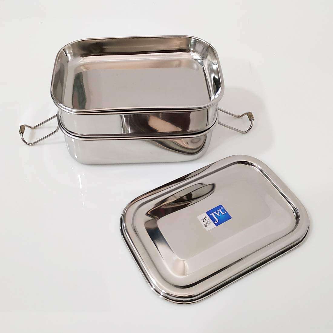 JVL Stainless Steel Rectangular Double Layer Lunch Box with Inner Plate - Small & Chakra Single Layer Lunch Box with Inner Plate - Big Combo for Kids, School, Office - Not Leakproof 6