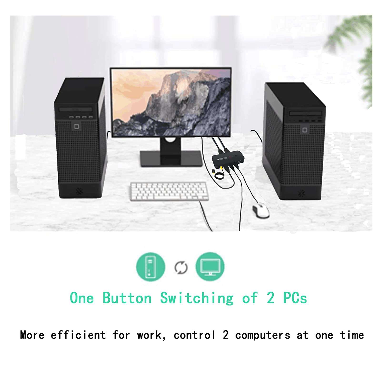 USB HDMI KVM Switch 2 Ports with Cables, Selector Switcher for 2PC Sharing Video Monitor and Keyboard, Mouse, Scanner, Printer, HUD 4K×2K@30hz 6