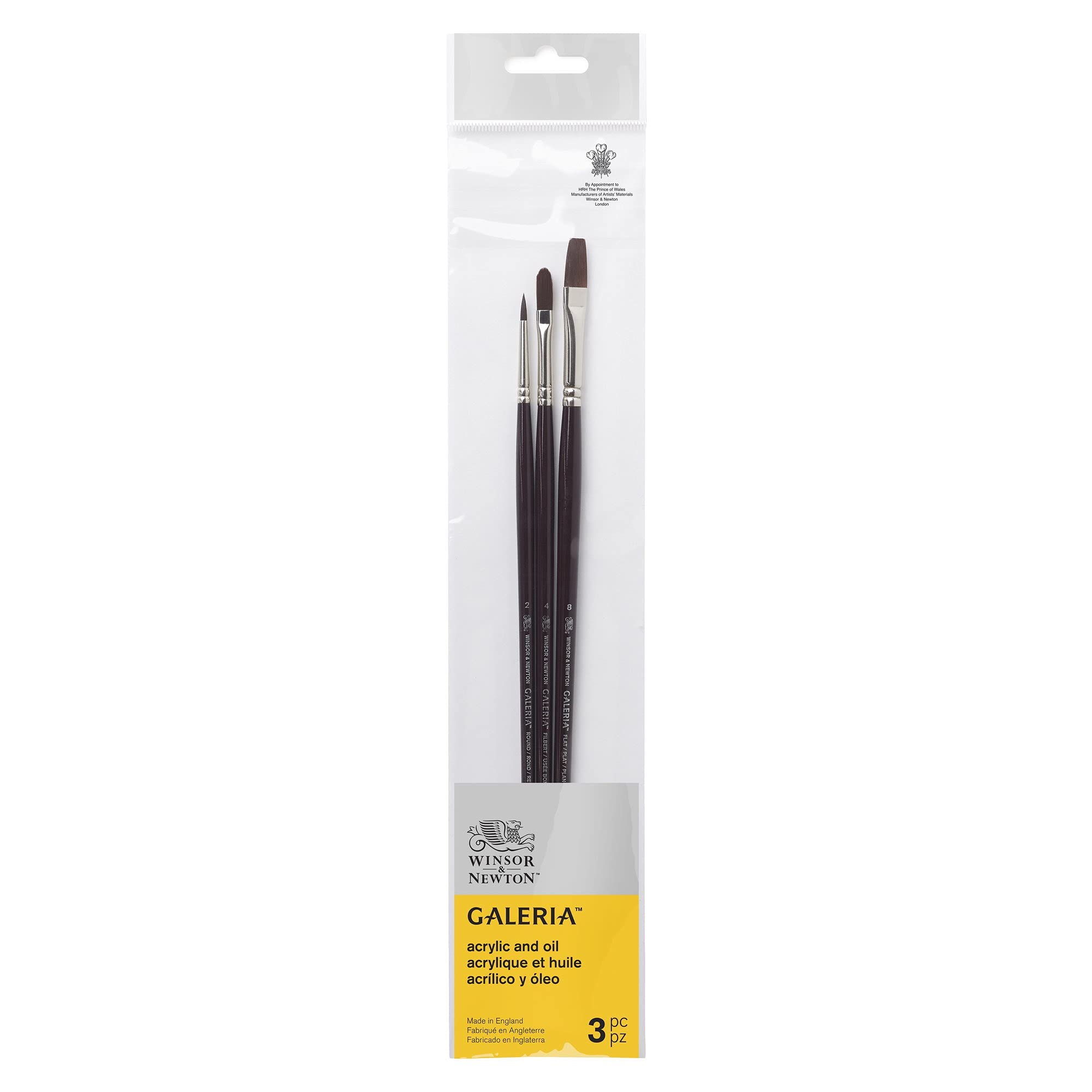 Winsor & Newton Galeria Synthetic Filament Brush for Acrylic Painting Set - Round (2) Flat (8) Filbert (4) - Pack of 3, with Maximum Colour Holding Capacity, Strong, Resilient and Flexible
