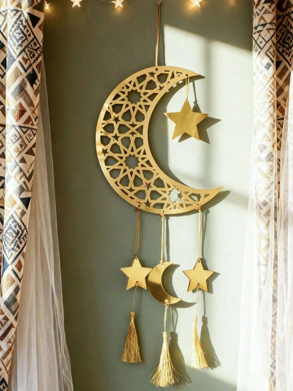 Curious Button Wooden Ramadan Kareem Hanging Decor Moon & Star | Islamic Wall & Door Hanging Pendant for Home | Ramadan & Eid Decoration Item | Gold Finish | 6.68x8.66 Inch 3
