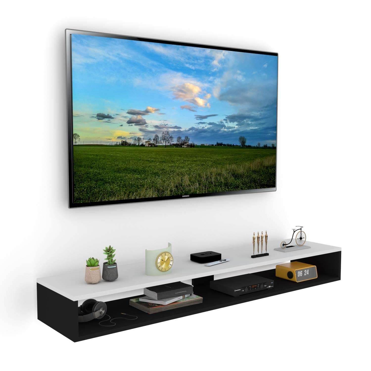 Clover Crafts™ Beautiful Laminated 17mm Thickness Engineered Wood Wall Mount TV Entertainment Unit Set Top Box Stand Wall Shelves Display Rack for Bedroom Home Living Room - (White Black) 3