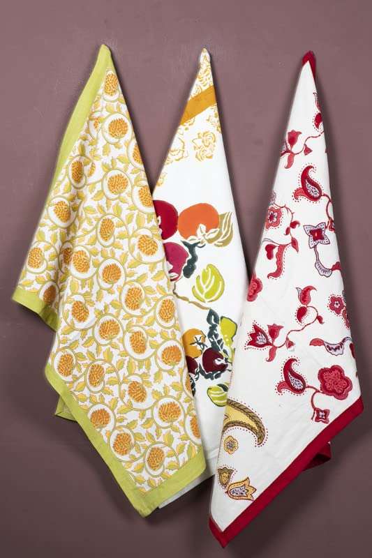 CONTRAST LIVING Arati Hand Block Printed Kitchen Towel/Dish Towel/Hand Towel Multi Color Set of 3 Pcs 1
