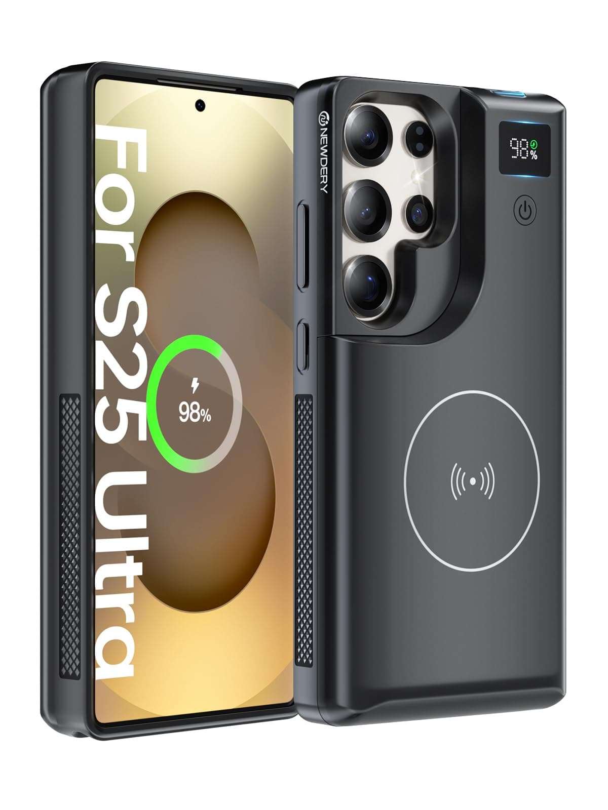 NEWDERY for Samsung Galaxy S25 Ultra Battery Case 6.9",10000mAh Portable Power Bank with LED Display, Qi Wireless Charger & 20W USB C Fast Charging, Sync-Data Supported Black