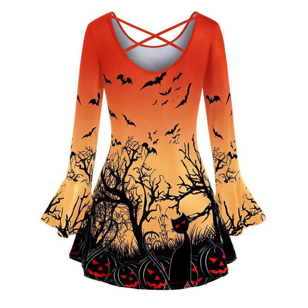FEDULK Womens Halloween Tunic Tops O-Neck Flare Sleeve Pumpkin Cat Print Holiday Costume T Shirt Blouse(Orange, XXXXX-Large) 2