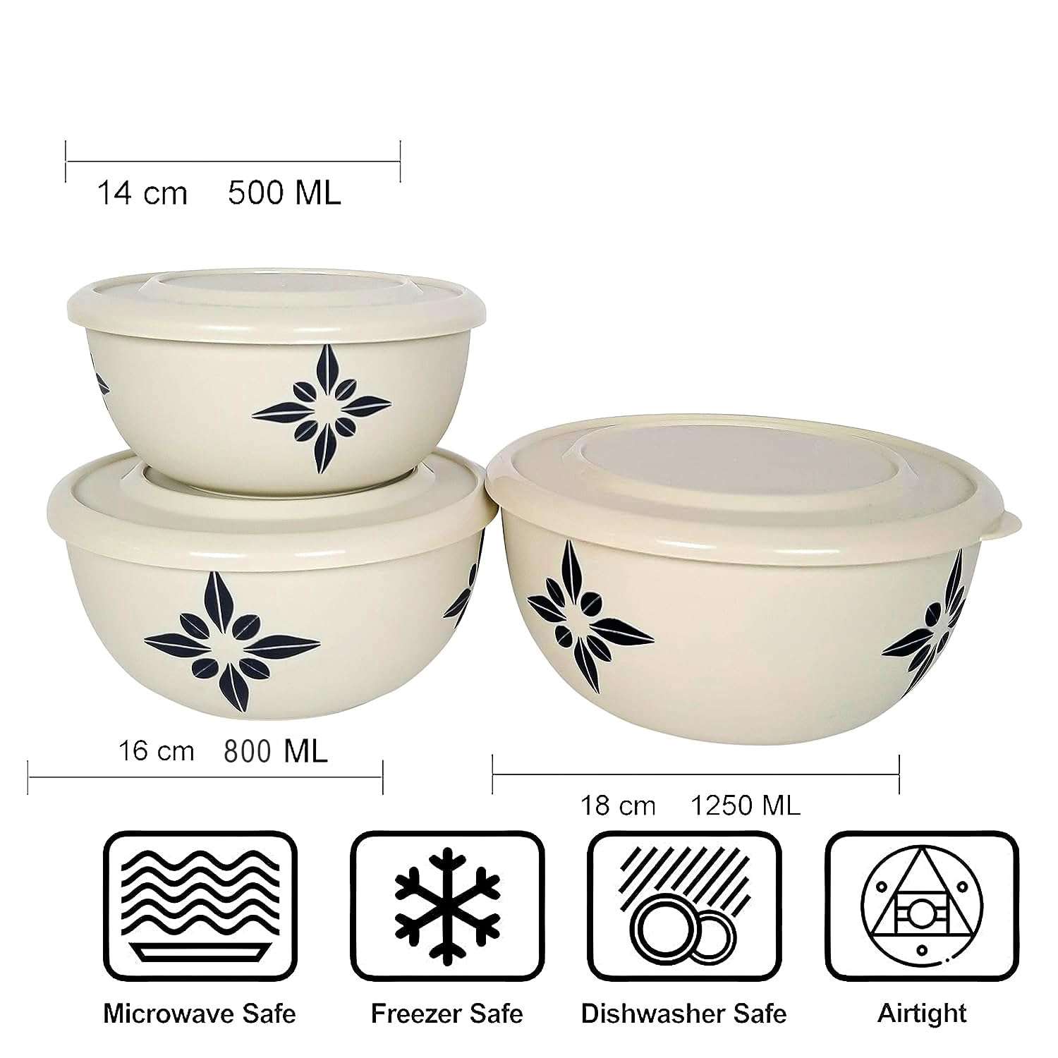Zaib Stainless Steel Microwave Safe Euro Mixing Bowl Set with Lid | Pack of 3- Capacity (500ml, 800ml, 1250ml) | Snap-Fit Lid (Classic Ivory Star) (Classic Ivory) 3