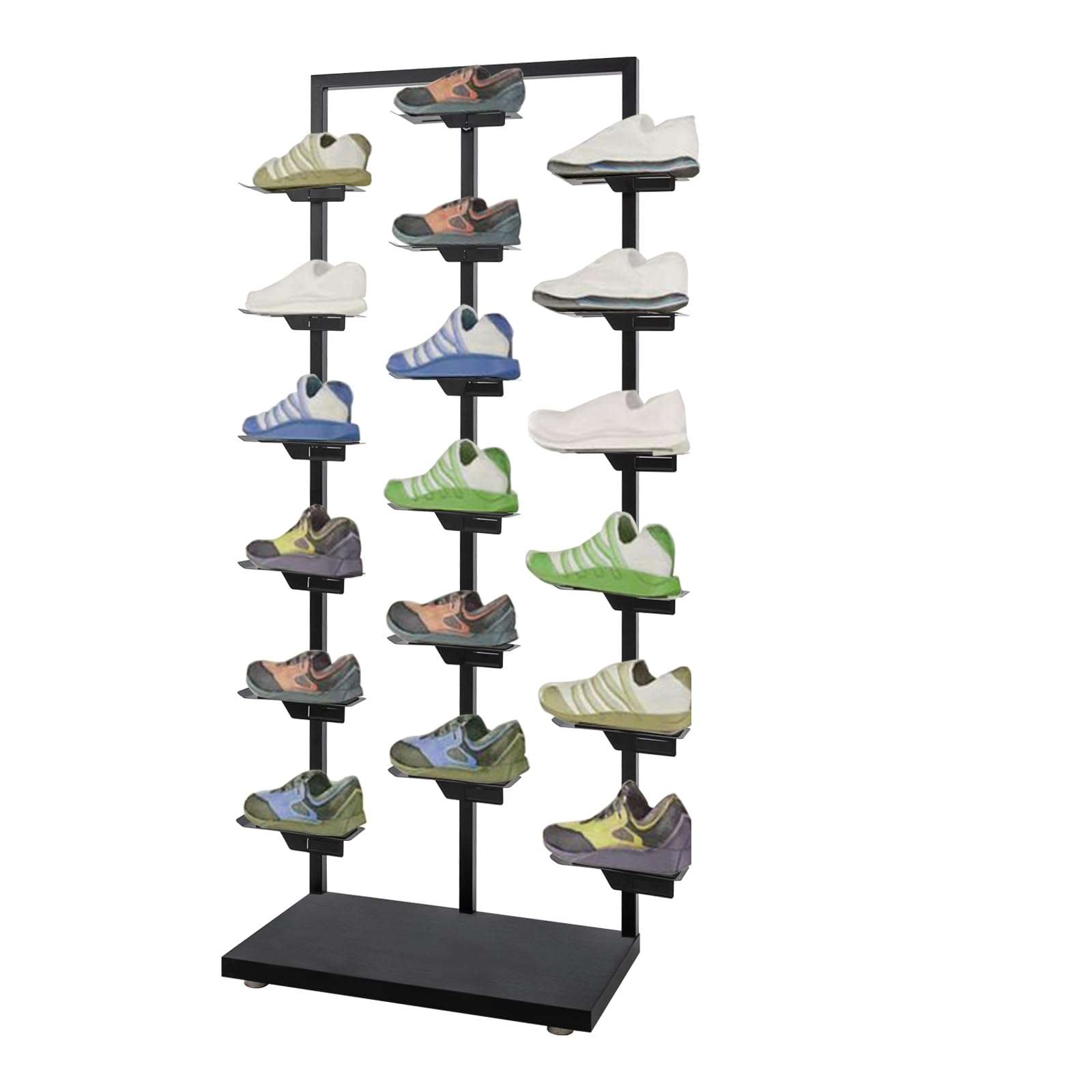 CURIEUYU Commercial Store Shoe Rack, Free Standing Retail Boutique Shoe Display Shelf, Metal Sneaker Basketball Shoes Stand, 18 Shoe Holders for Home Store (Oak, Black) 1