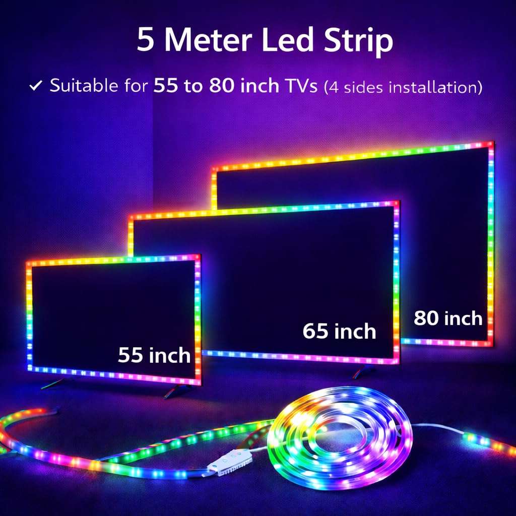 Gesto 5 Meter RGB LED TV Backlight with App & Remote Control | Music Sync, Bluetooth, 16 Million Colors | 5V USB Powered Bias Lighting for 55–80 Inch TVs | Ambient Strip Light for PC, Bedroom, Gaming 4