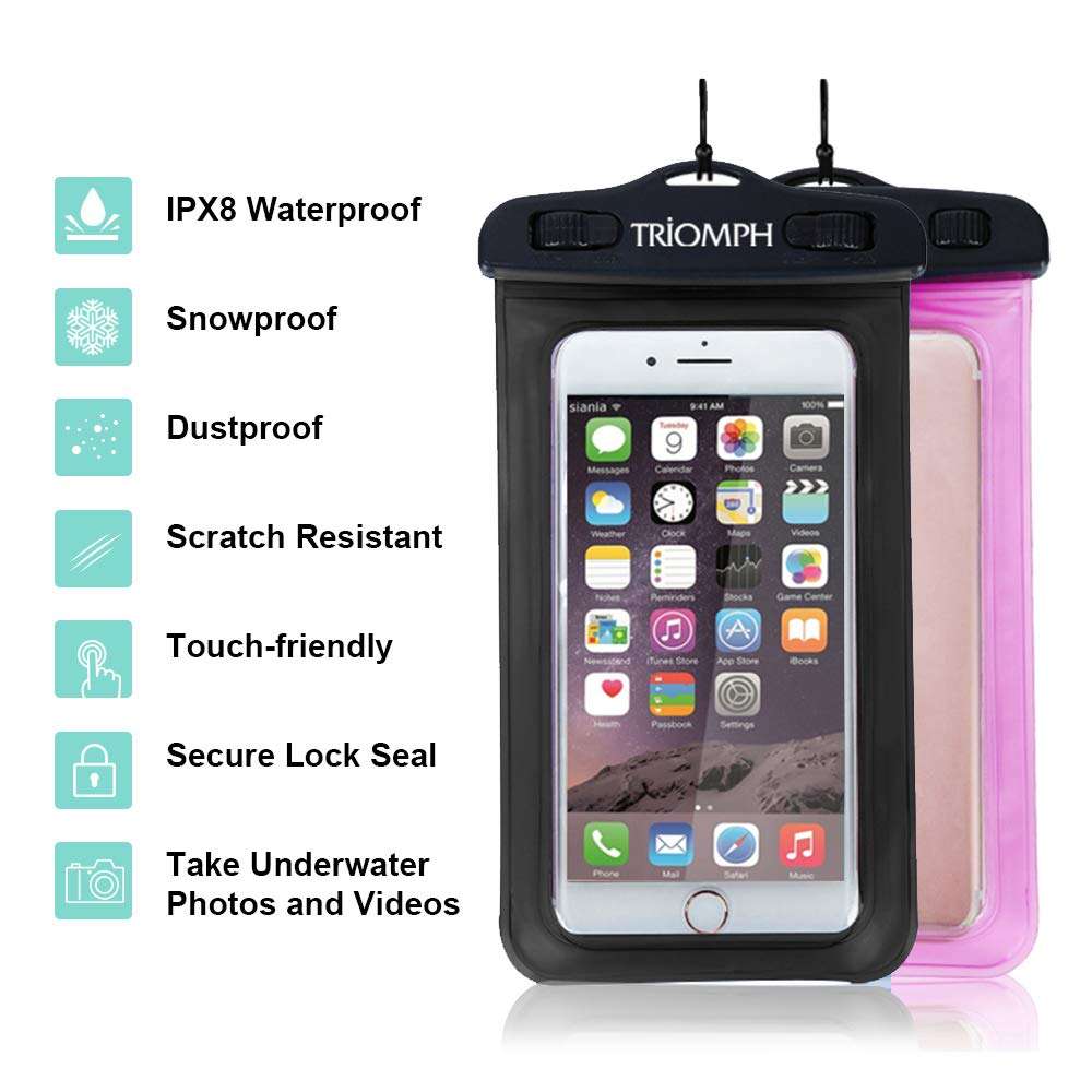 Triomph Universal Waterproof Phone Pouch, IPX8 Waterproof Cell Phone Case Dry bag with Military Class Lanyard for iPhone Xs Max/Xr/X/8/8Plus/7/7Plus/6/6s Plus, Samsung Galaxy S10 S9+,Note,6.5'' 2 Pack 2