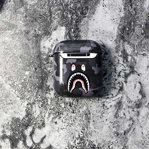 Shark Teeth Camo Softshell Silicone AirPods IMD Case for 1st & 2nd Gen AirPods Charging & Wireless Charging Case Protective Cover and Skin Supreme Gift Bape Boy Girl [NO Button Cutout] (Dark Gray) 4