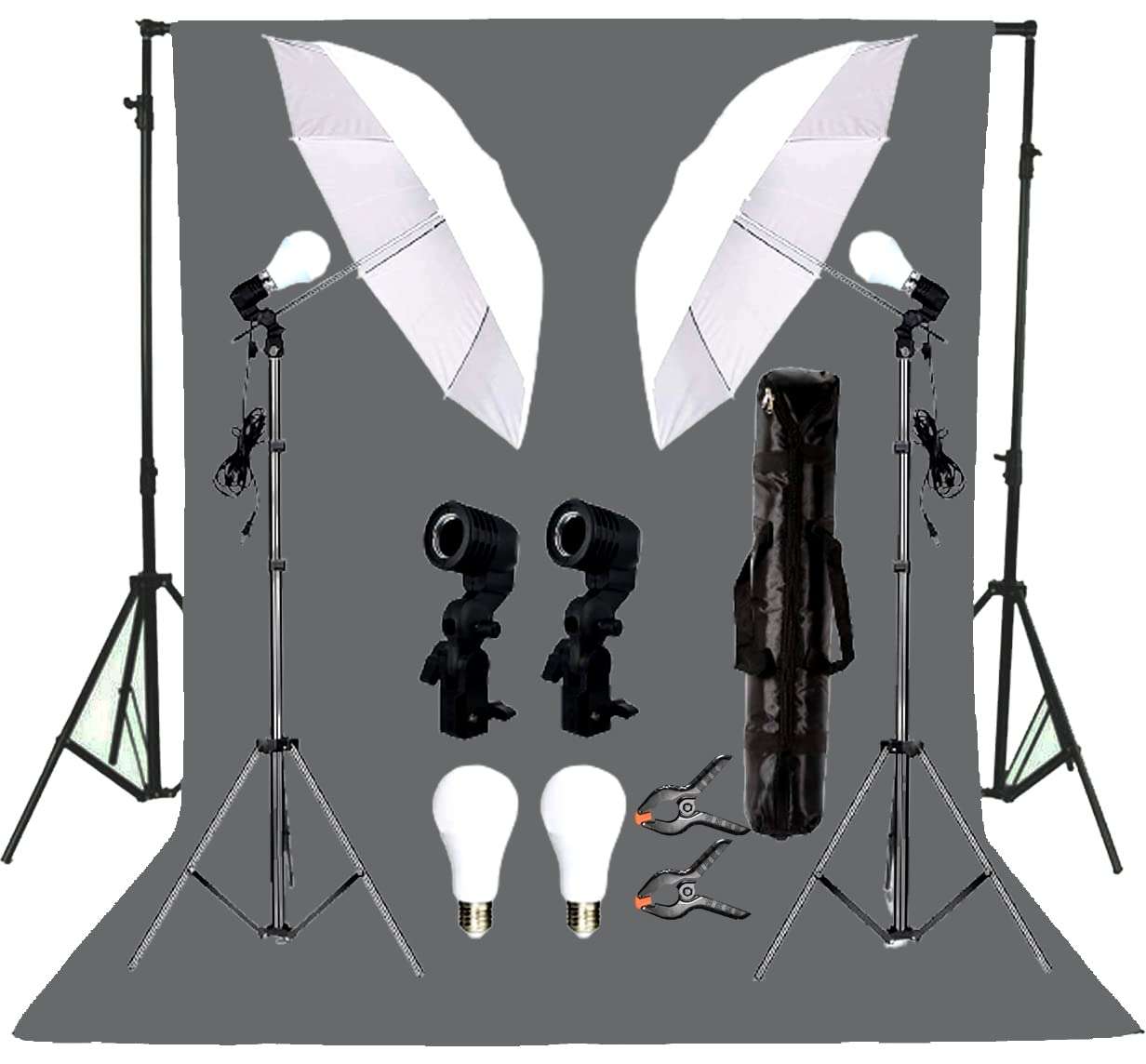 Giftmax Single Holder Umbrella Lighting Kit with Umbrella Studio Light with Backdrop Cloth Screen Photo Background Backdrop Stand Support System (Single Holder Kit + Grey Screen) 1