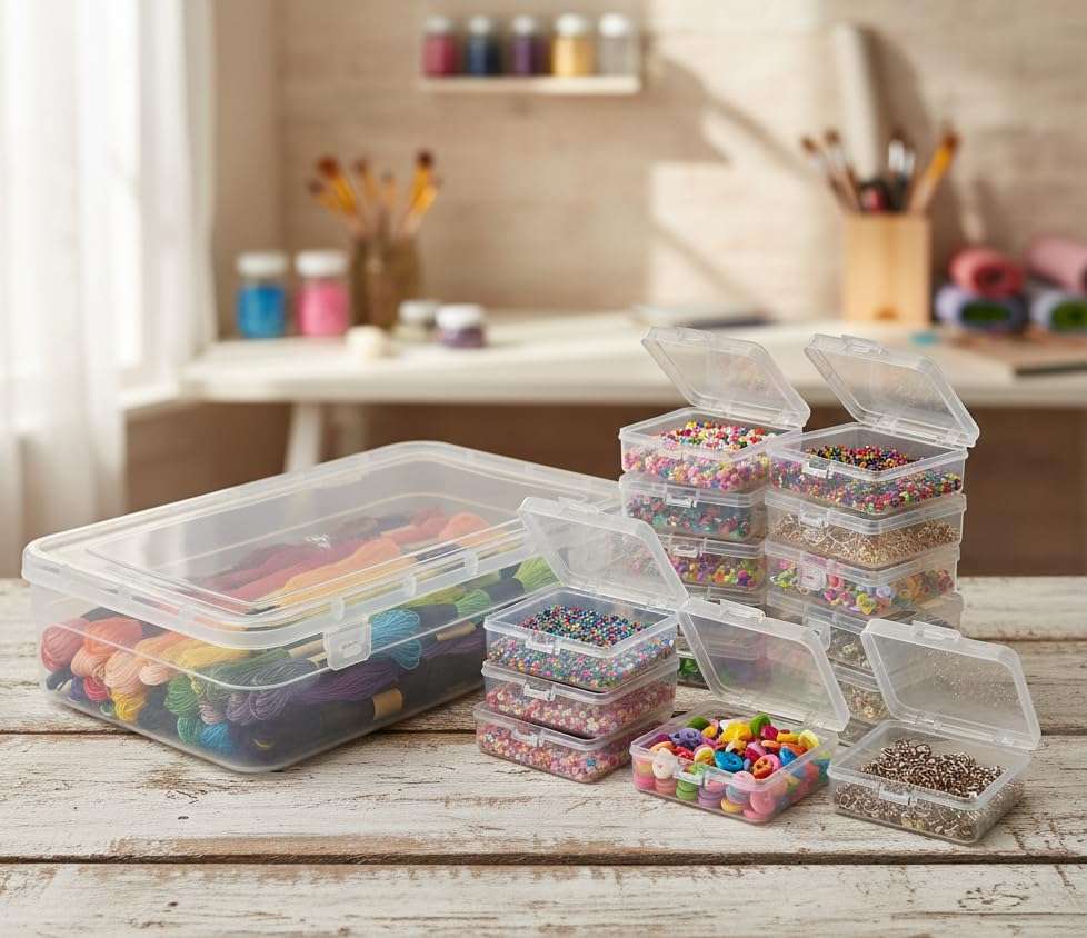URBAA Plastic Storage Box Set, 50 Pieces, Clear Containers with Locking Lids, 2 Big Containers with 48 Small Boxes for Jewellery, Pins and Beads 3