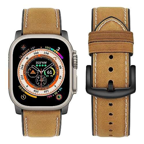 Tasikar Straps Compatible with Apple Watch Strap 49mm 45mm 44mm 42mm, Genuine Leather Silicone Replacement Band Compatible for Apple Watch Ultra Series 9 8 7 6 5 4 3 2 SE - 42mm 44mm 45mm/Brown 1