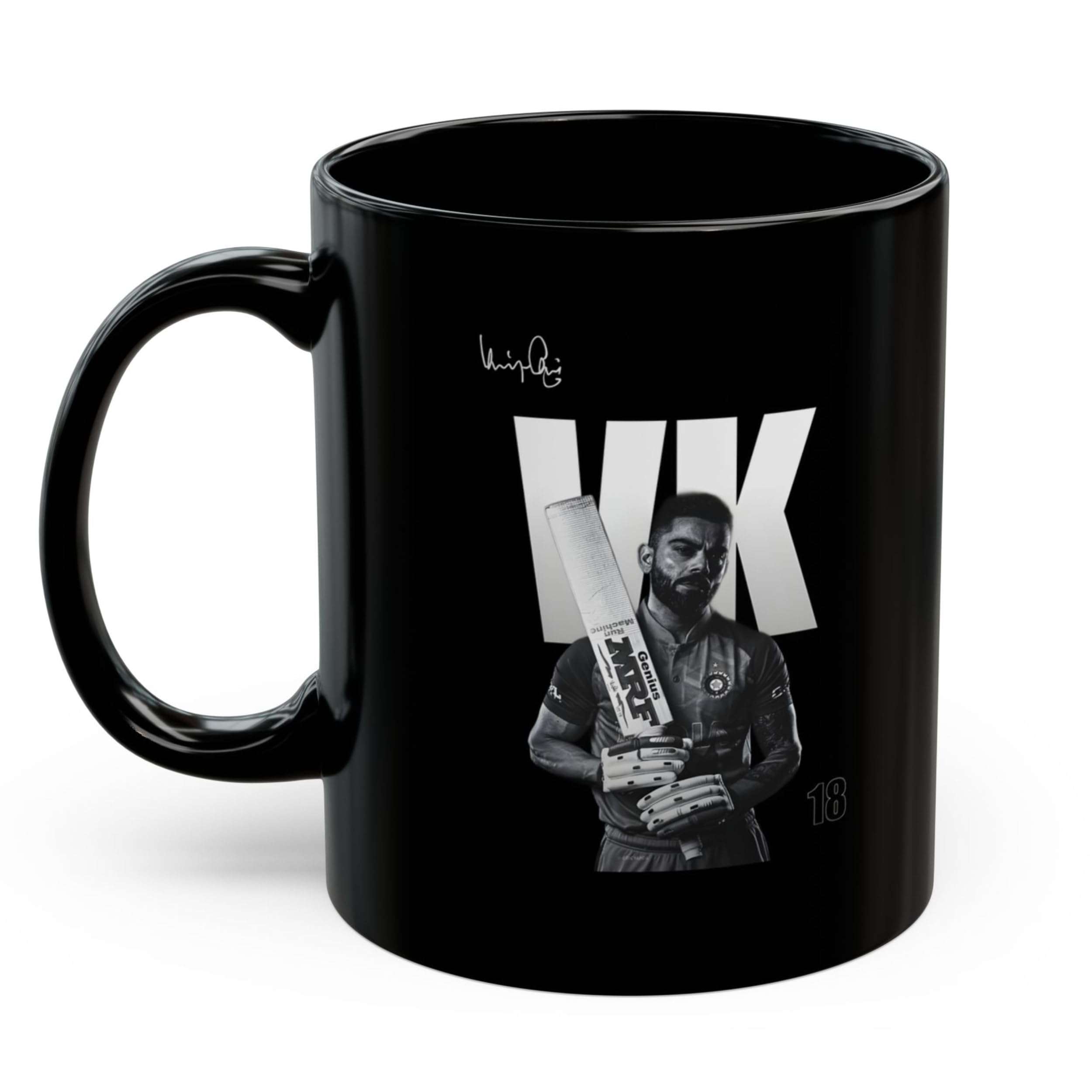 DC ENTERPRISES Virat Kohli Black Ceramic Coffee Mug | VK Signature Design Tea & Coffee Cup | Premium Glossy Finish | Cricket Fan Gift for Men & Women | Microwave & Dishwasher Safe | 350 ml 1