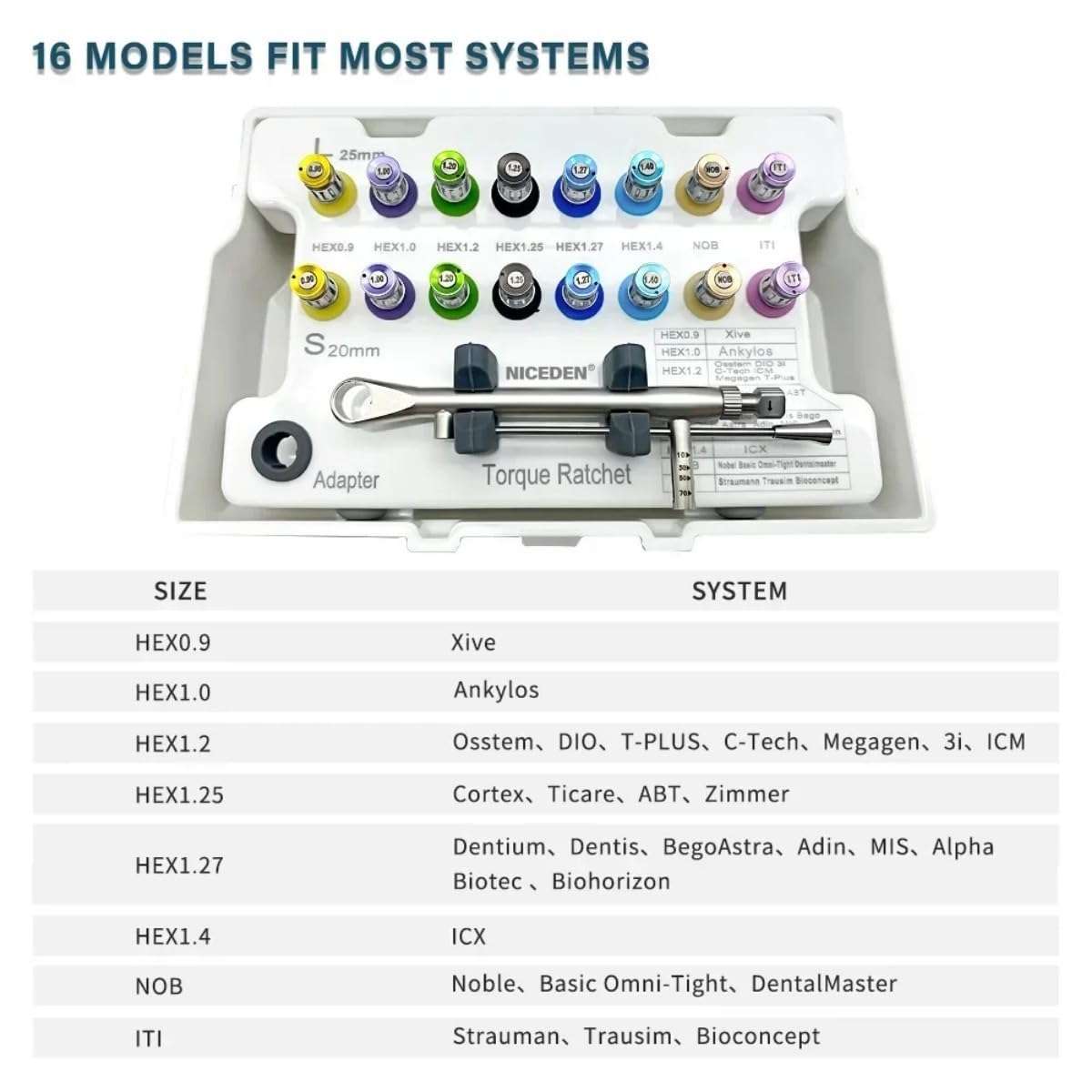 DENTAWKI Dental Implant Torque Wrench Set, 16 Pieces, Universal Prosthetic Kit with Ratchet Drivers, 10-70 Ncm, Autoclavable 3