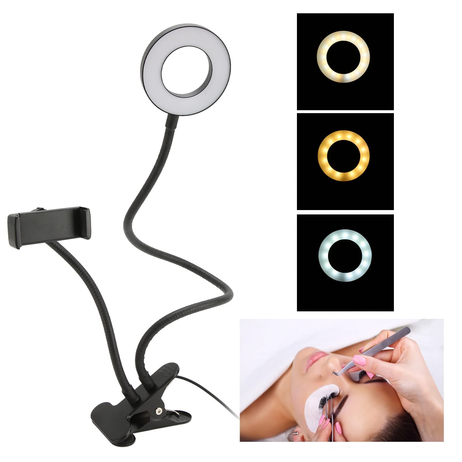 BEIJIALY Selfie Ring Light, 10 Levels Brightness 3 Light Colors 360° Flexible Gooseneck LED Desk Lamp 5000K LED Camera Ring Light for Salon Make Up(Black) 6