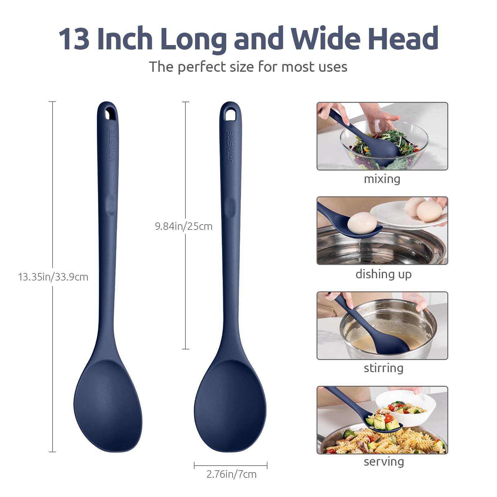 600℉ Heat Resistant Silicone Solid Spoon and Slotted Spoon Pack of 2: U-Taste 13.35in Kitchen Nonstick BPA Free Large & Long Soup Rubber Cooking Utensil for Mixing in Pot Cookware (Midnight Blue) 3