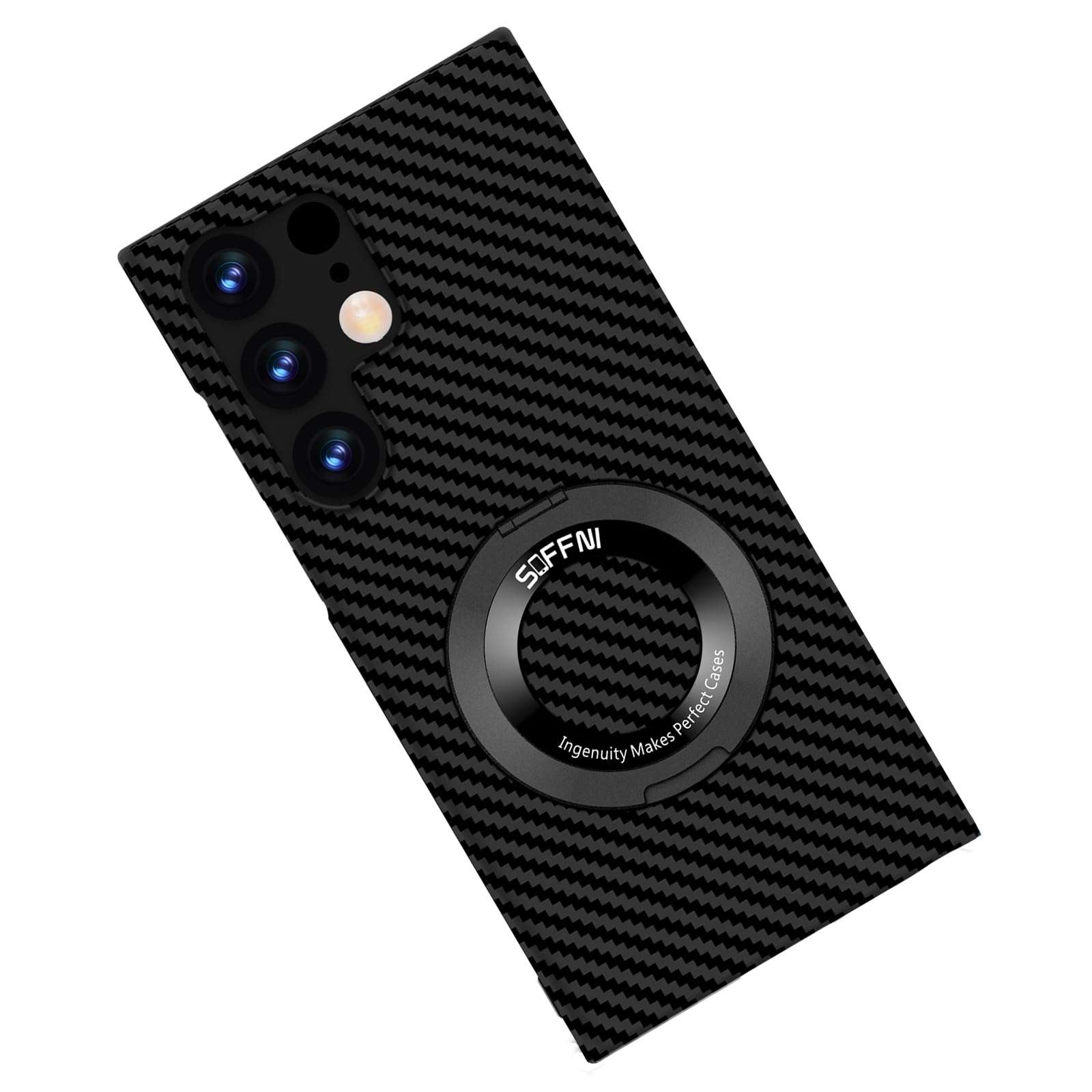FLURIKA Magnetic Case for Samsung Galaxy S21 FE Case with Kickstand & Ring Holder, [Compatible with MagSafe] Carbon Fiber Slim Ultra Aramid Fiber Anti-Scratch Shockproof Case, Black