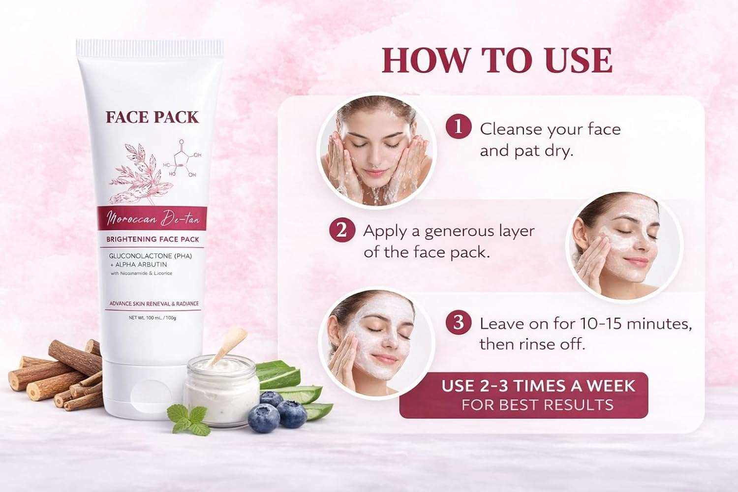 NEW Moroccne DeTan Brightening Face Pack for Advance Skin Renewal Radiance 100gm Clay Mask PACK OF 1 4