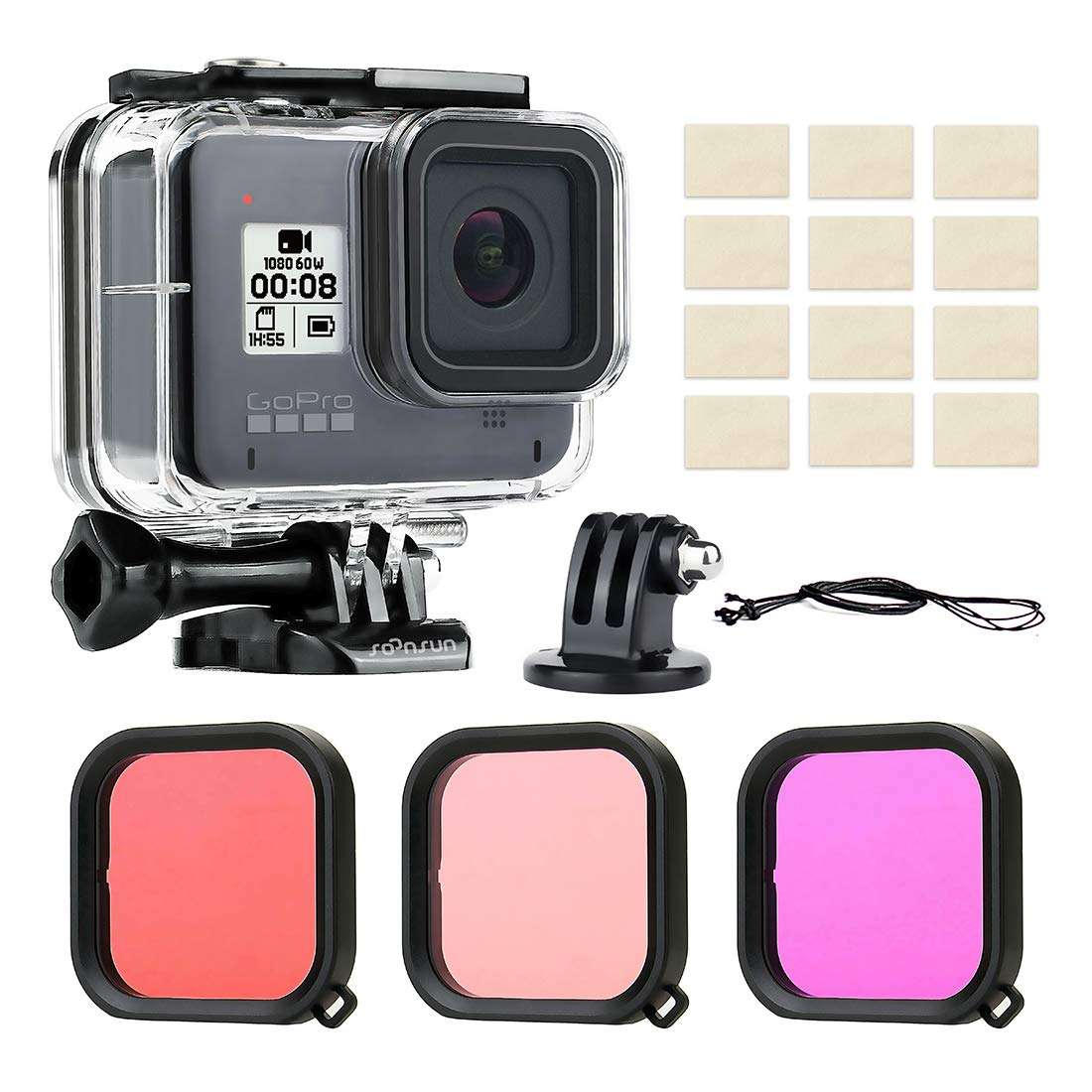 SOONSUN Waterproof Housing Case Filter Kit for GoPro Hero 8 Black, 60m Underwater Diving Protective Housing Shell with 3 Pack Filters for GoPro HERO8 Black Camera 1