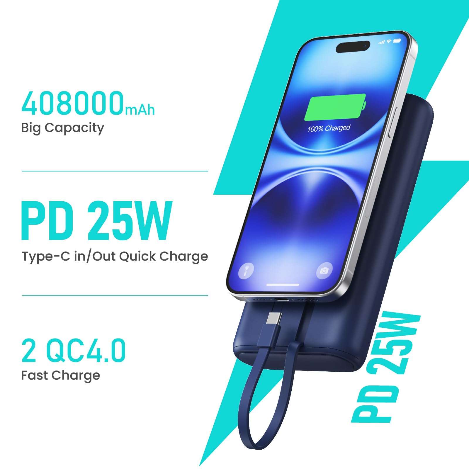 Feob Portable Charger 40800mAh Power Bank with Built-in Cables,25W PD USB C Fast Charging Battery Pack,5 Outputs Dual Input Backup Charger for iPhone 17/16/15/14/13/12,Galaxy S24 Android Phone etc 3