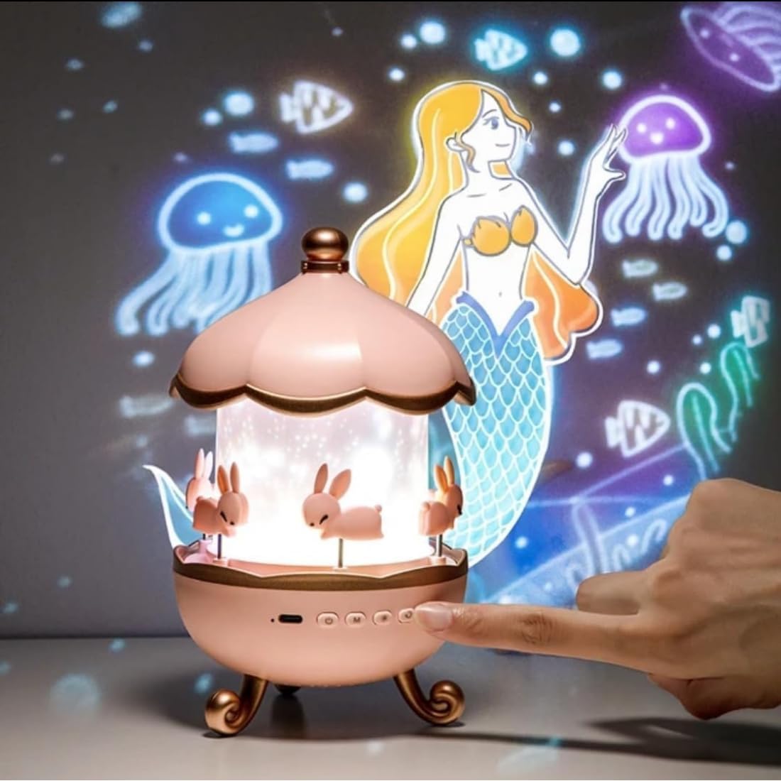 VikriDA Night Light Rabbit Sky Projector for Kids – 360° Rotating Lamp with 6 Films, 5 Colours and 1200mAh Rechargeable Battery.