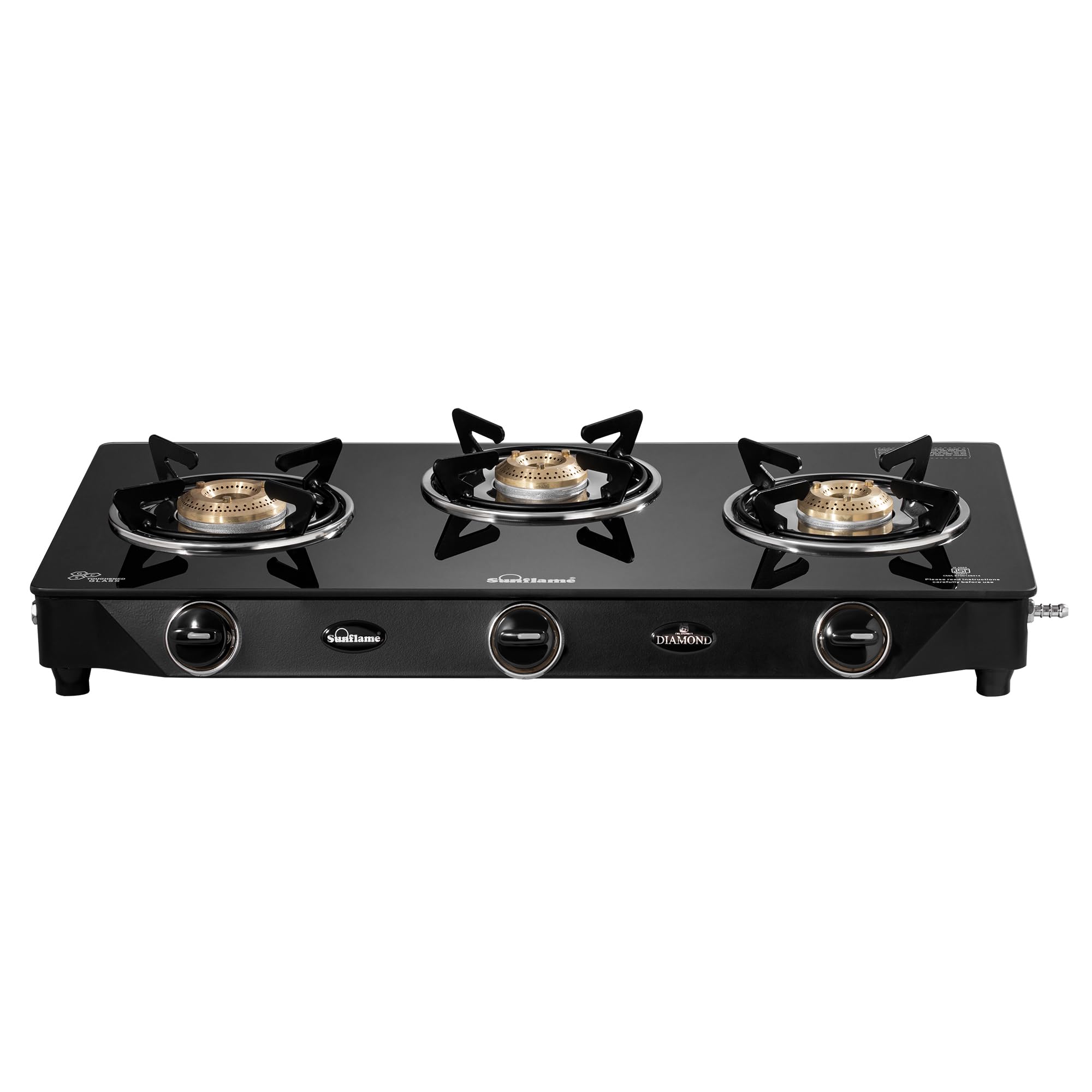 Sunflame Diamond 3 Burner Gas Stove | 1 Medium and 2 Small Brass Burners | 2-Years Product Coverage by Sunflame | Heat Resistant Ergonomic Knobs | Easy to Maintain | Toughened Glass Top 1