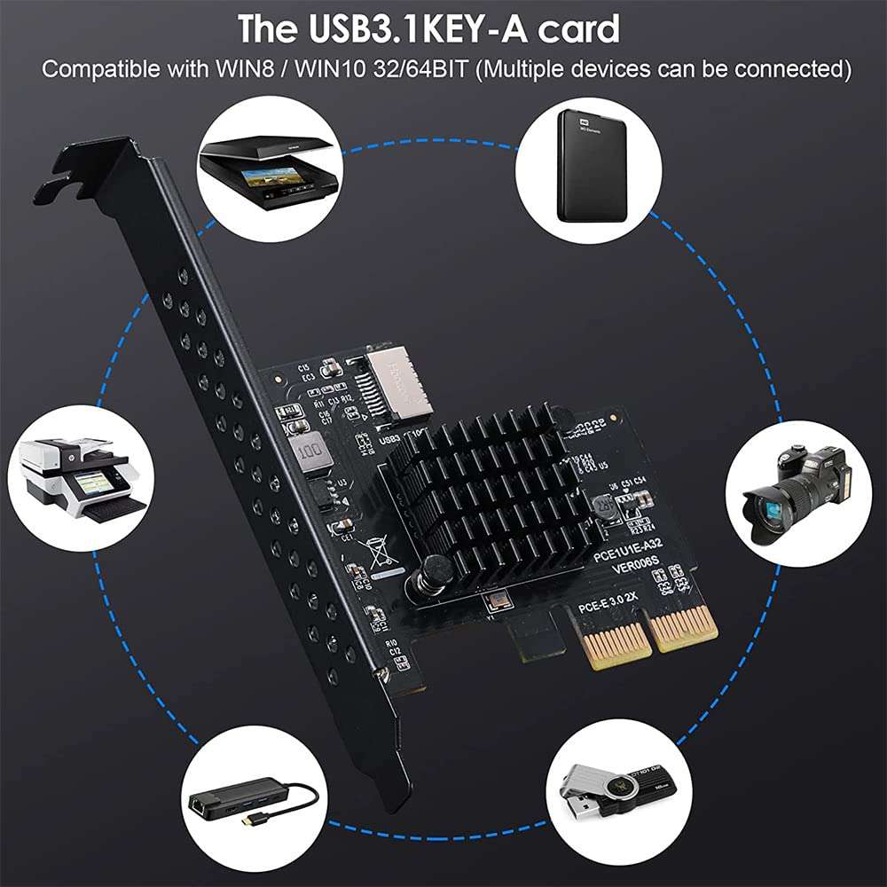 PCI-E 2X to USB3.1 A-Key Gen2 Front Type-E Expansion Card,10Gbps Type-E Internal 20-Pin Front Panel Connector Riser Card 2