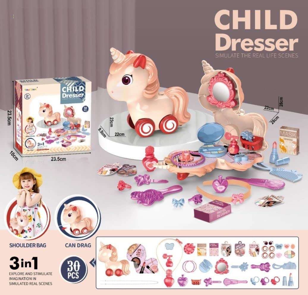 Sardarji Toy Shop 3 in1 Unicorn Child Dresser Set,D.I.Y,Hanging Like Purse, Moving by Cord, Toy for Kids Dresser Pretend Play Makeup Accessories Play Set of 30 pcs 3