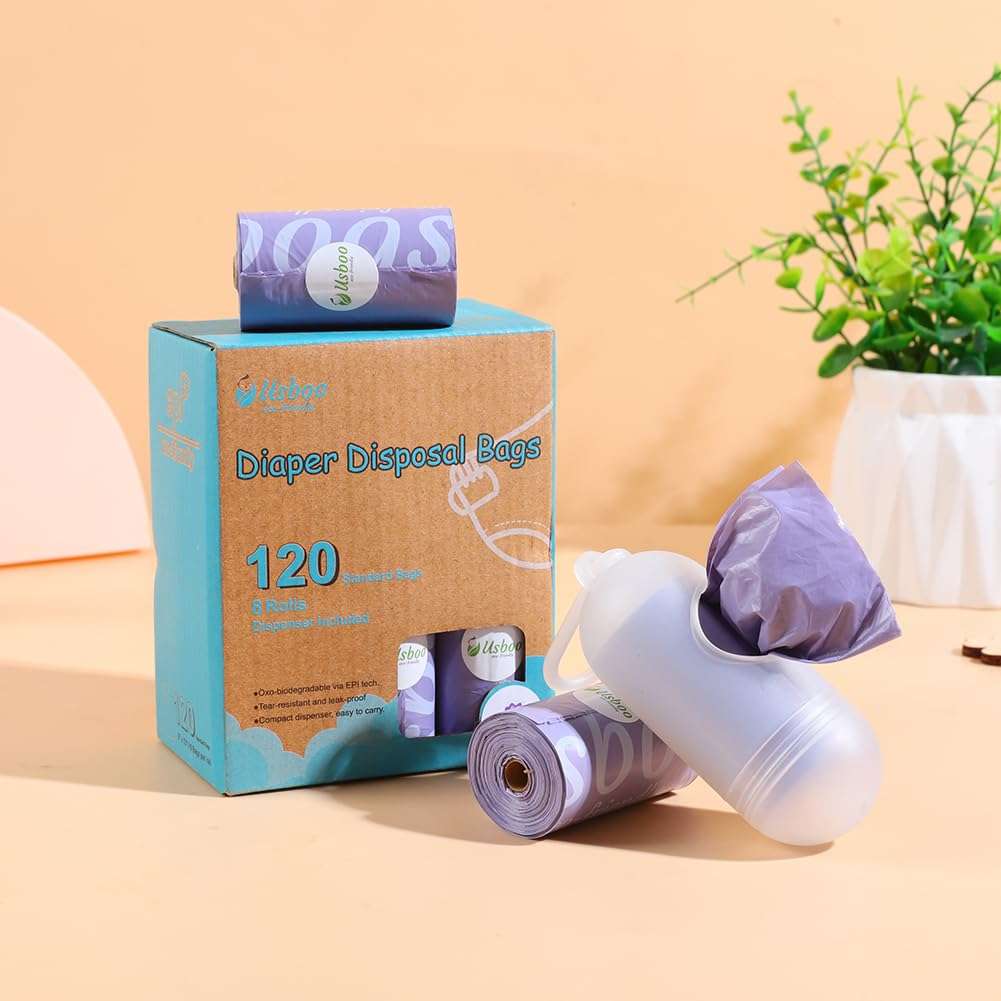 USBOO Disposable Diaper Bags for Baby | 8 Refill Rolls (120 Pack) | Lavender Scented | Baby Poop Bags with Dispenser | Essential for Travel and Quick Change on The Go 3