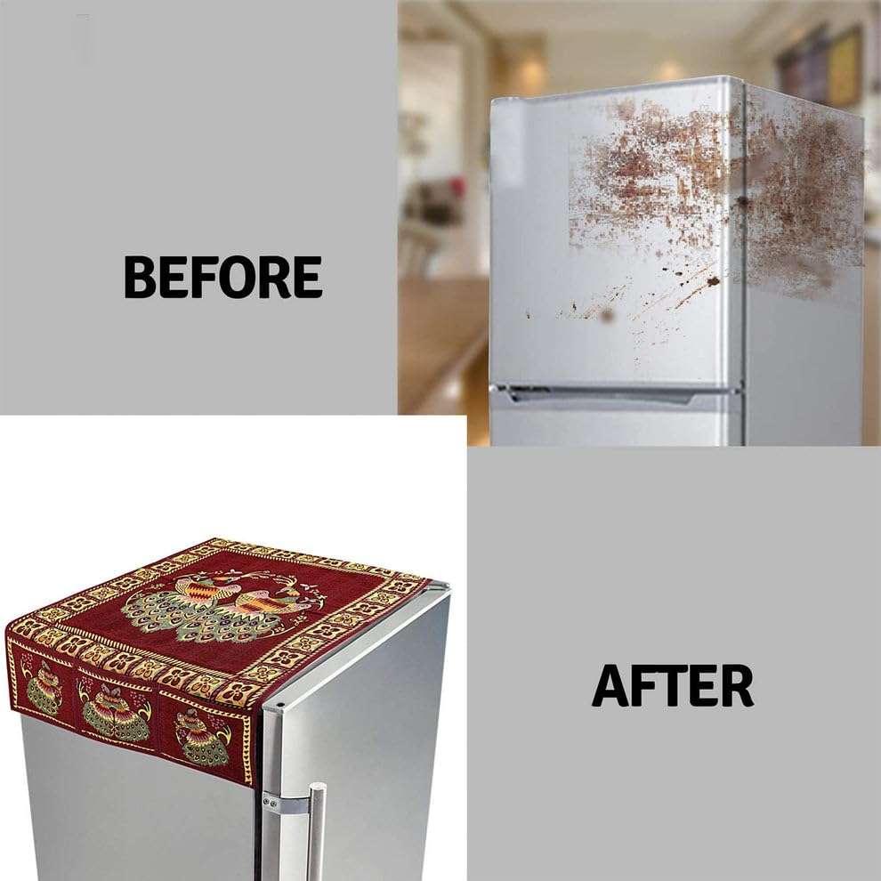 Madhabi Cotton Fridge Top Cover Set with Peacock Design | Dustproof Refrigerator Cover with 6 Utility Side Pockets | Standard Size 100x60 cm | Appliance Cover for All Types of Fridges 3